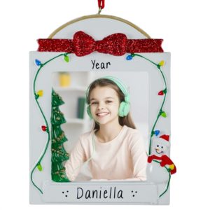 Image of Personalized Photo Frame Glittered Bow Christmas Lights Ornament & Table Top