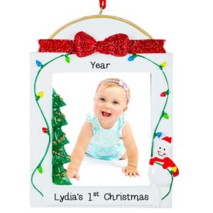 Image of Baby Girl's 1St Christmas Picture Frame Snowman Glittered Ornament Table top