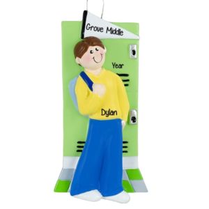 Image of Personalized Middle School Boy At Locker Ornament BROWN Hair