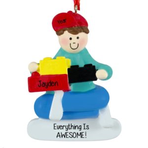 Image of Boy Holding Lego Blocks Everything Is Awesome Ornament BROWN Hair