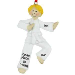 Image of Personalized Karate Boy WHITE Belt Ornament BLONDE Hair