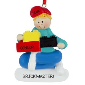 Image of Personalized Boy Holding Legos Ornament BLONDE Hair