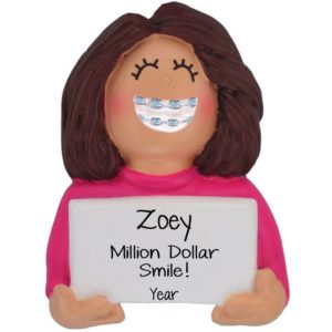 Image of Personalized FEMALE With Braces Million Dollar Smile Ornament BRUNETTE