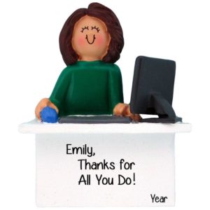 Image of BRUNETTE Female At Desk Employee Appreciation Ornament