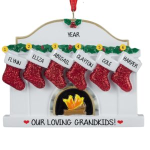 Image of Personalized 6 Grandkids Fireplace Glittered Stockings Ornament
