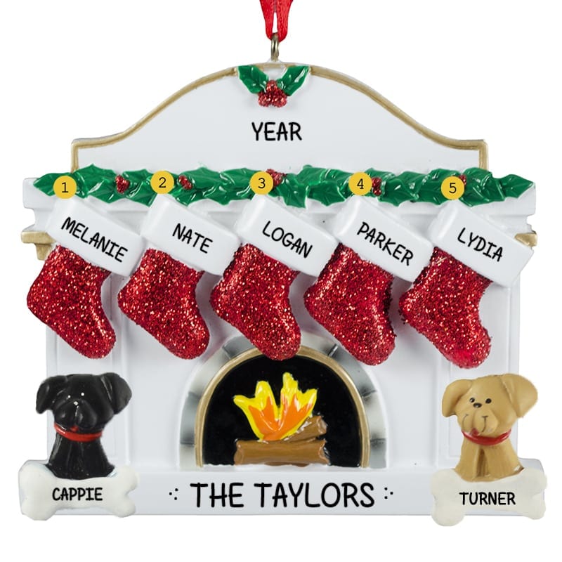 Family Of 5 With 2 Dogs White Fireplace Ornament | Personalized ...