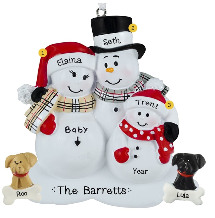 Expecting Snow Family Of 3 + 2 Pets Personalized Ornament ...