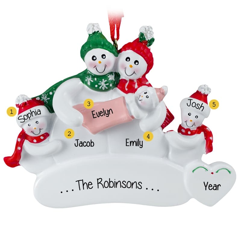 Snow Family of 5 with Baby Girl Ornament | Personalized Ornaments For You