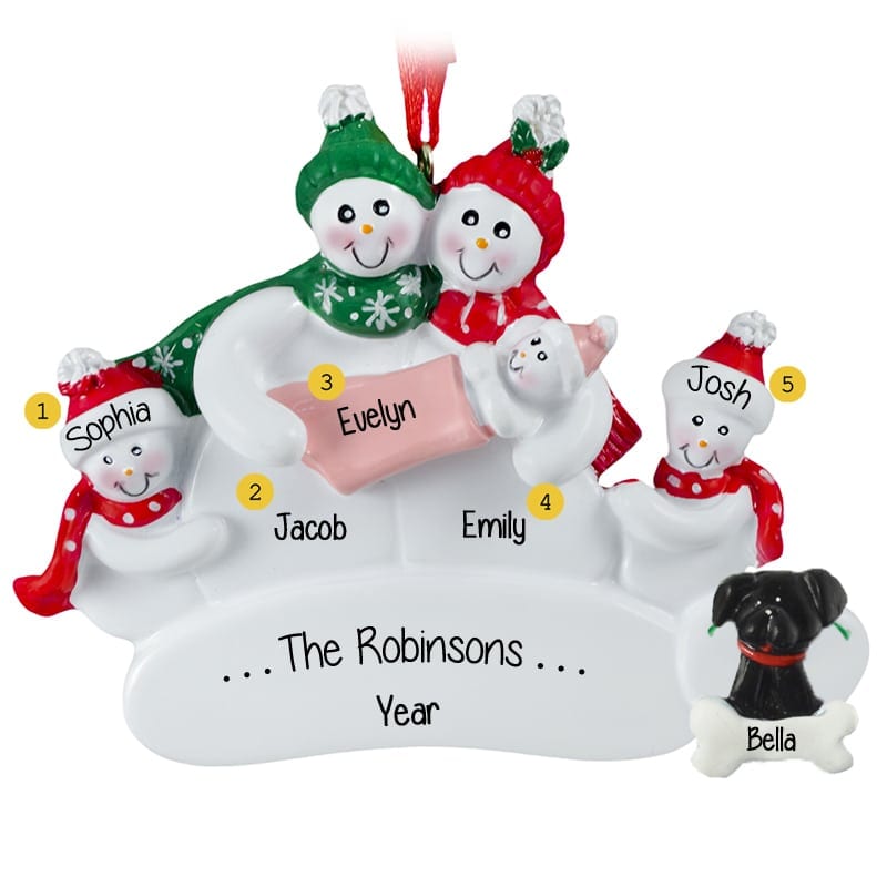 Personalized Snowman Family of 5 w/ Baby Christmas Ornament 