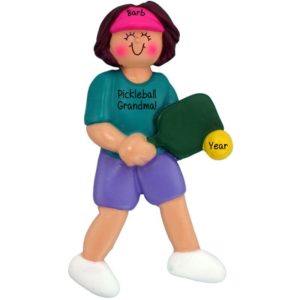 Image of Pickleball Lady Holding Paddle Personalized Ornament BRUNETTE