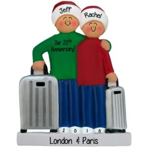 Image of Couple Celebrating Anniversary Holding Rolling Suitcases Ornament