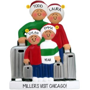 Image of Traveling Family of 4 Rolling Suitcases Personalized Ornament