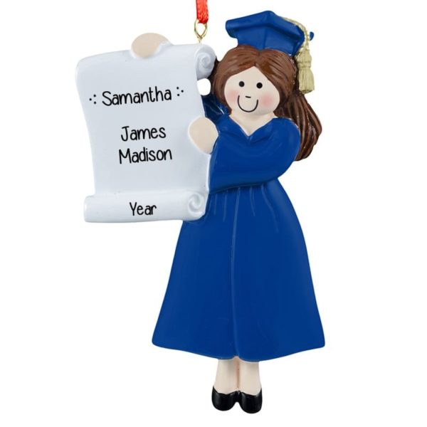Image of College Graduation Girl BLUE Robe Personalized Ornament BRUNETTE