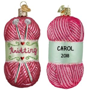 Image of Personalized KNITTING Yarn And Needles Glass Ornament PINK