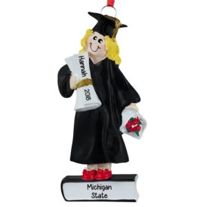 Image of Girl Graduate Holding Diploma And Red Roses Personalized Ornament BLONDE