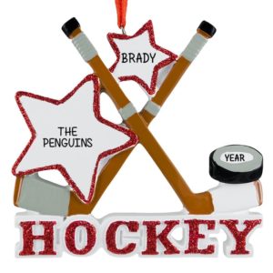 Image of Ice Hockey Camp Sticks Stars And Puck Glittered Ornament