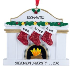 Image of Personalized 3 Roommates Fireplace Glittered Stockings Ornaments