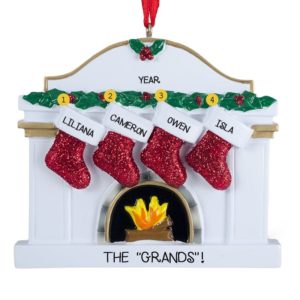 Image of Personalized 4 Grandkids Fireplace Glittered Stocking Ornament