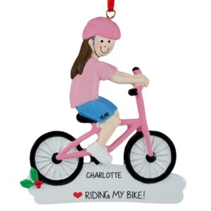 Image of Personalized GIRL Riding PINK Bike Ornament BRUNETTE