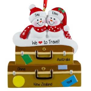 Image of Traveling Snow Couple Suitcases Personalized Ornament