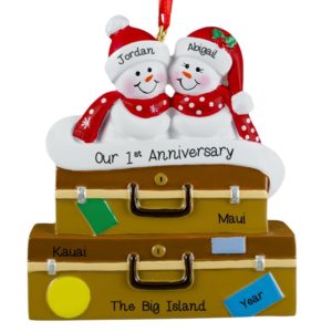 Image of Anniversary Snow Couple Suitcase Personalized Ornament