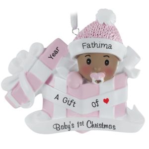 Image of Baby GIRL'S 1st Christmas in Present Ornament Light Brown Skin