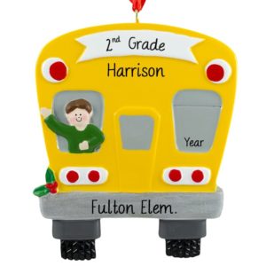 Image of BOY Riding A School Bus Personalized Ornament BROWN Hair