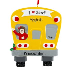 Image of I Love School Bus Girl Waving Personalized Ornament BRUNETTE