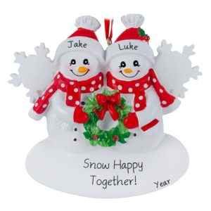 Image of Snow Happy Couple Holding Christmas Wreath Ornament