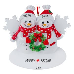 Image of Snow Couple Holding Christmas Wreath Flakes Personalized Ornament