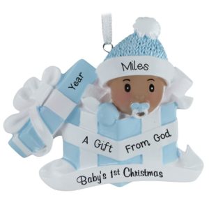 Image of Light Brown Skin Our Gift From God Baby BOY In Present Ornament