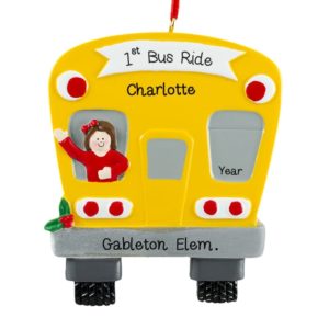 Image of First School Bus Ride GIRL Personalized Ornament BRUNETTE