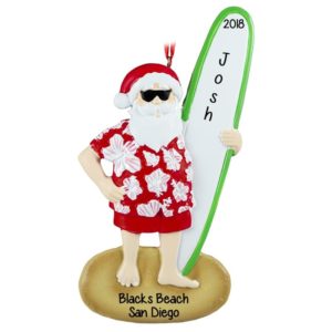 Image of Personalized Santa Holding Surfboard Christmas Ornament