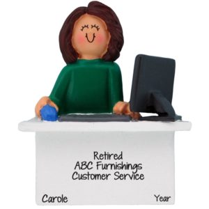 Image of Personalized Retirement Gift Female Sitting At Computer Ornament BRUNETTE