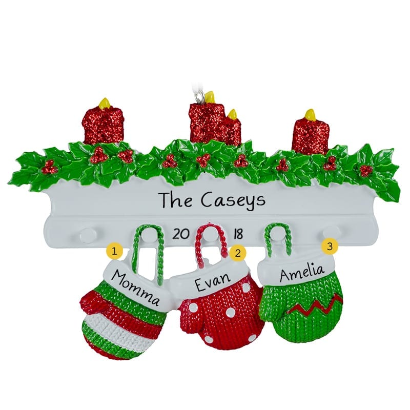 Mittens Hanging On Mantle Family of 3 to 12 People Personalized Christmas Orname 