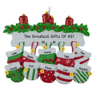 Image of Personalized 10 Grandkids Mittens On Mantle Ornament RED & GREEN