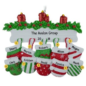 Image of Personalized Group Of 10 Workers Mittens Ornament RED & GREEN