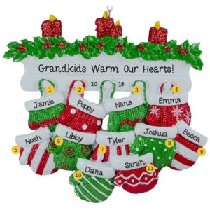 Image of Personalized 11 Grandkids Mittens On Fireplace Ornament RED & GREEN