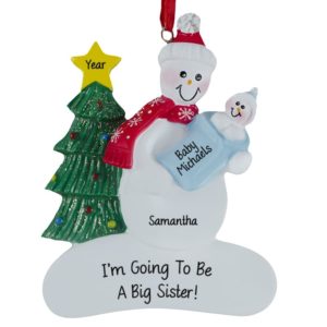 Image of Gender Reveal Snowman Holding Baby Boy Big Sister Ornament