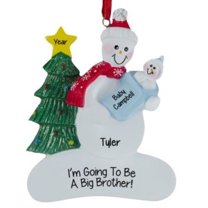 Image of Gender Reveal Snowman Holding Baby Boy Big Brother Ornament