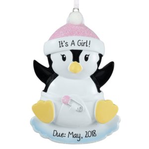 Image of Gender Reveal Baby GIRL Penguin Glittered Ornament
