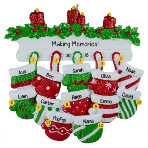 Image of Personalized Grandparents + 10 Grandkids Mittens Mantle Ornament RED & GREEN