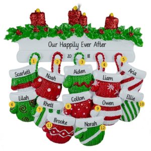 Image of Personalized 12 Grandkids Mittens Mantle Ornament RED & GREEN