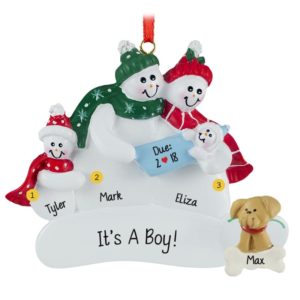 Image of Gender Reveal Couple Holding Baby BOY + 1 Kid And DOG Ornament