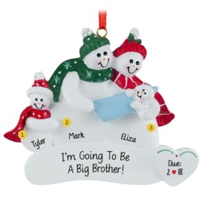 Image of Gender Reveal Announcement Snow Couple Holding Baby BOY + 1 Kid  Ornament