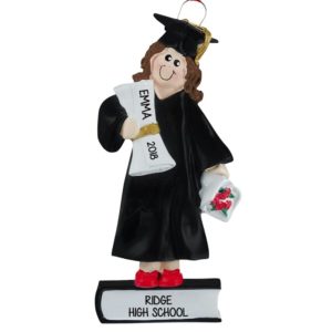 Image of Girl Graduate Holding Diploma And Red Roses Personalized Ornament BRUNETTE