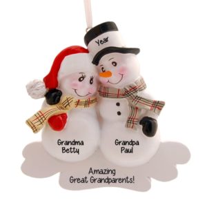 Image of Personalized Great Grandparents Snow Couple Plaid Scarves Ornament
