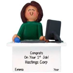 Image of Congrats On Your First Job Girl At Computer Ornament BRUNETTE
