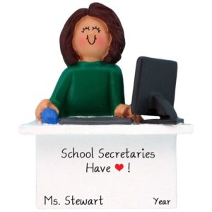 Image of Personalized School Secretary Sitting At Desk Ornament BRUNETTE