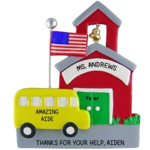 Image of Teacher Aide Schoolhouse Flag + Bus Ornament